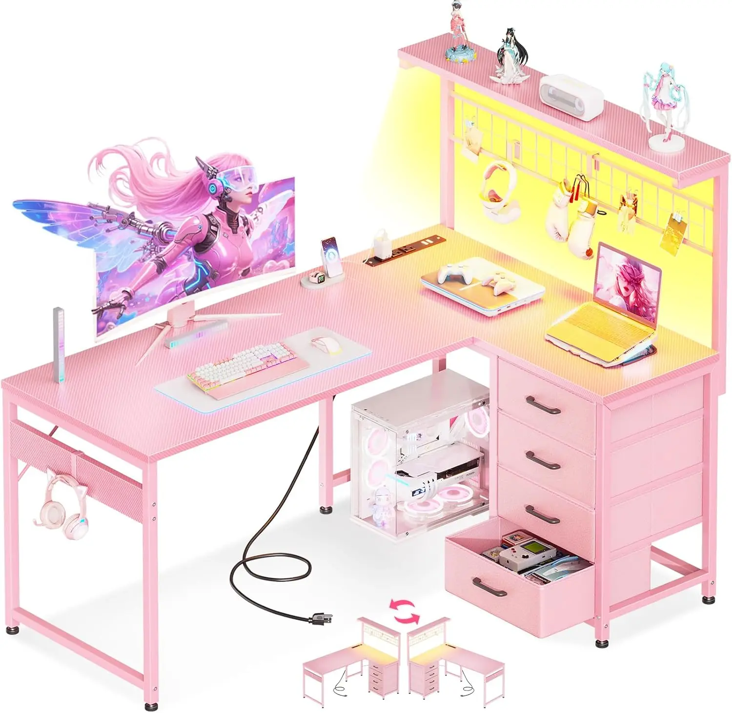 43 Inch L Shaped Gaming Desk with Shelf & 4 Drawers, Carbon Fiber Pink | Compact computer table. Reversible study desk with LED photo 1