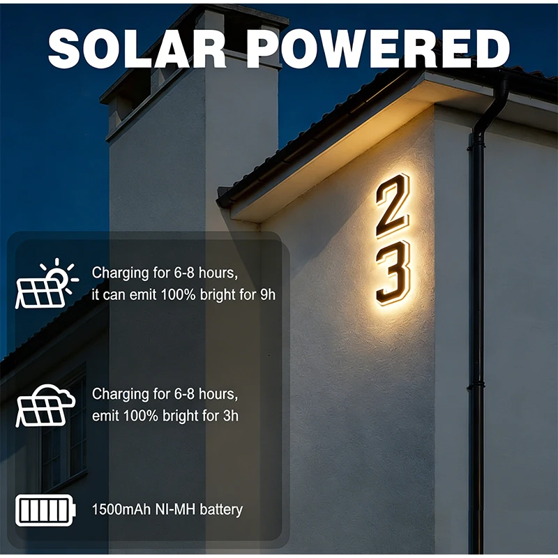 Solar LED House Number Sign Waterproof Address Light Plate with Sensor for Outdoor Home Door Yard Wall Garden Decor photo 2