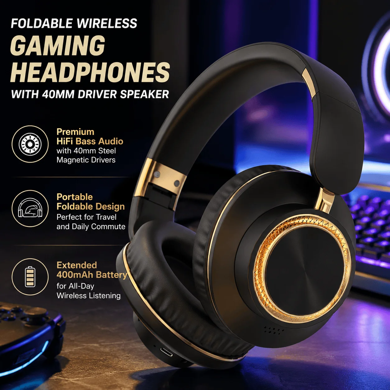 Wireless Bluetooth Headphones Foldable Gaming Headset With Bluetooth 5.3 Technology 40mm Bass Driver HiFi Stereo Sound Over Ear Comfort Memory Foam Cushion Extended Battery Life 400mAh For PC Mobile Phone Laptop Tablet Universal Compatible Music Gaming photo 1