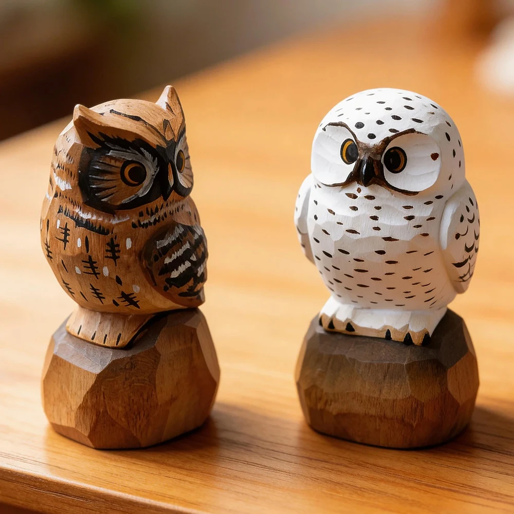 Handcrafted Wooden Snowy Owl Sculpture Statue Figurines Animal Home Desk Accessories Decor Ornament Home Decoration Unique Gift photo 6