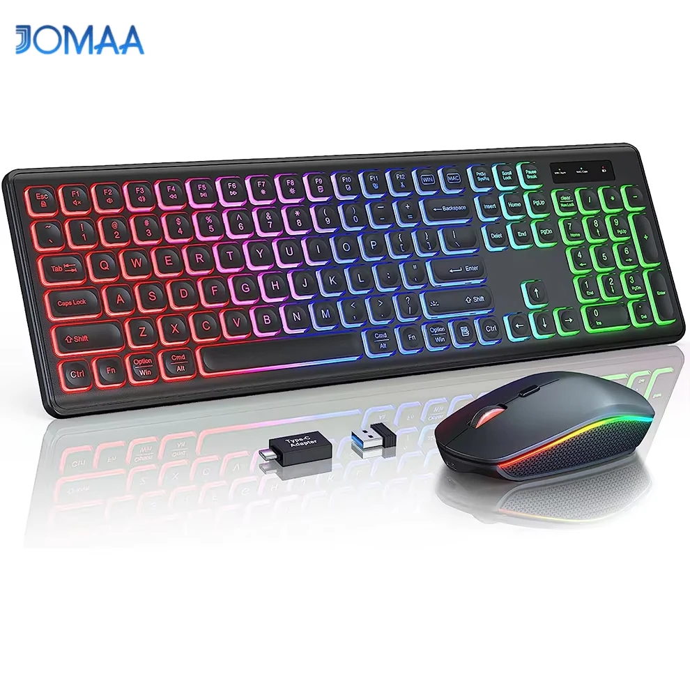 JOMAA 2.4G Wireless Keyboard Mouse Combo RGB Backlit Rechargeable Full-Size Ergonomic Type-c Wireless Keyboard Mouse Set photo 1