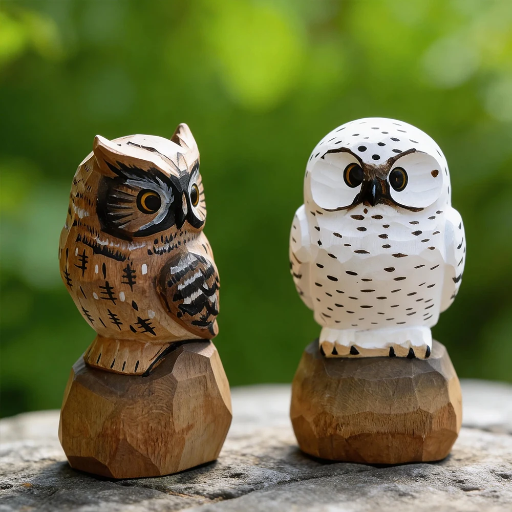 Handcrafted Wooden Snowy Owl Sculpture Statue Figurines Animal Home Desk Accessories Decor Ornament Home Decoration Unique Gift photo 1