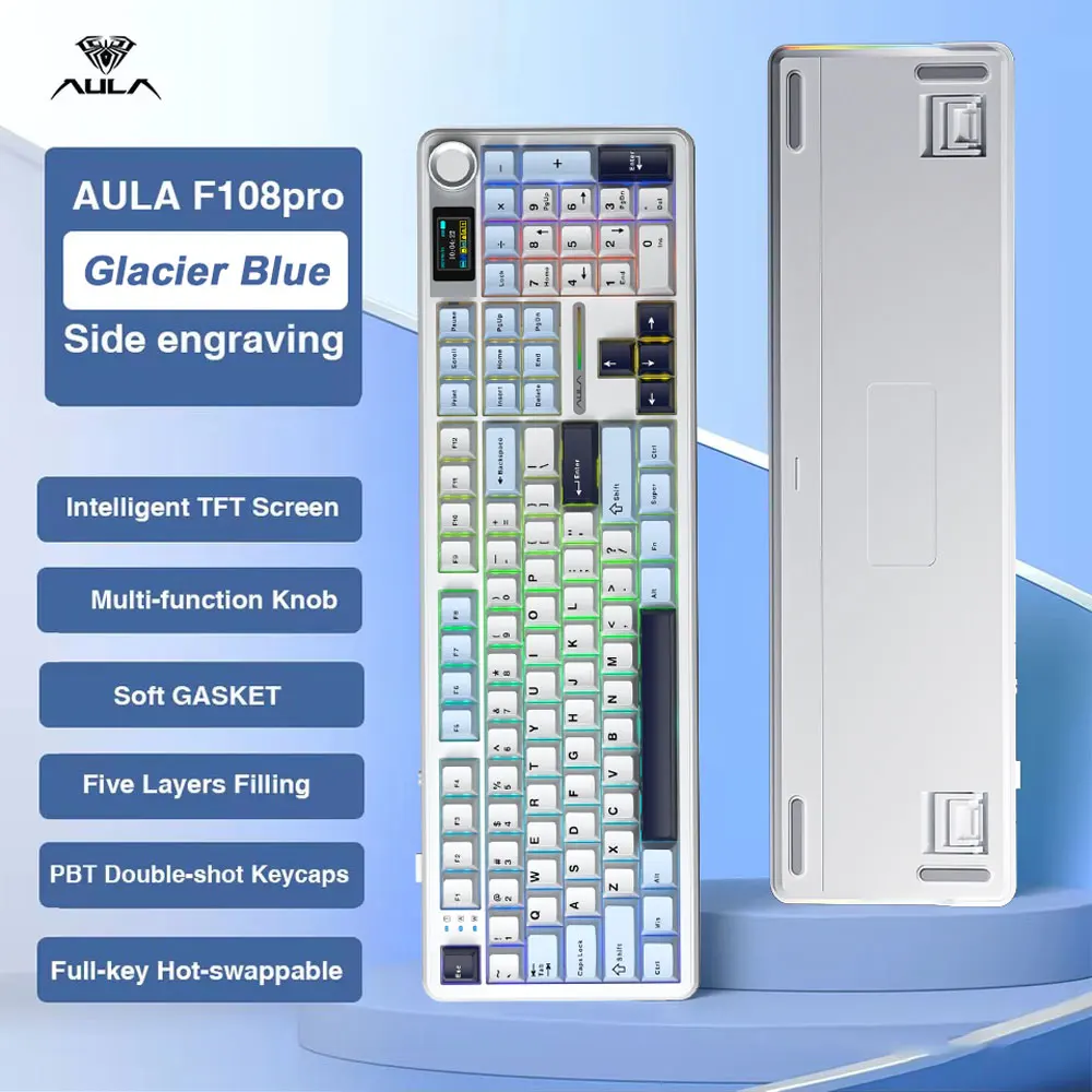 AULA F108 Pro Gaming Mechanical Keyboard Tri Mode Custom Multi-Knob Screen RGB Esports Wireless Keyboard with TFT Smart Display photo 1