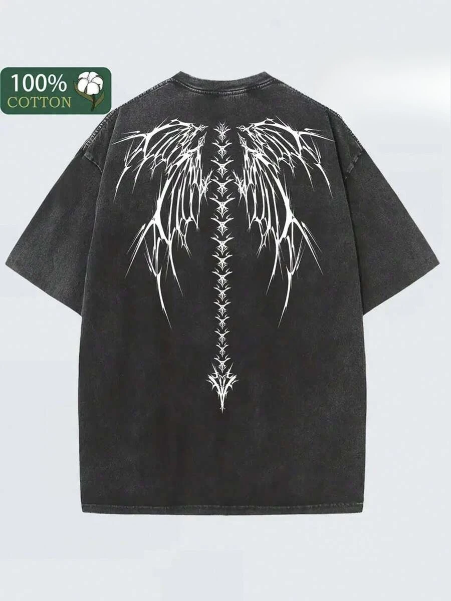 Black Vintage Washed Batik Cotton Oversized T-Shirt, White Gothic Wings Back Print Unisex Soft Loose Comfort Streetwear Graphic Tee photo 1
