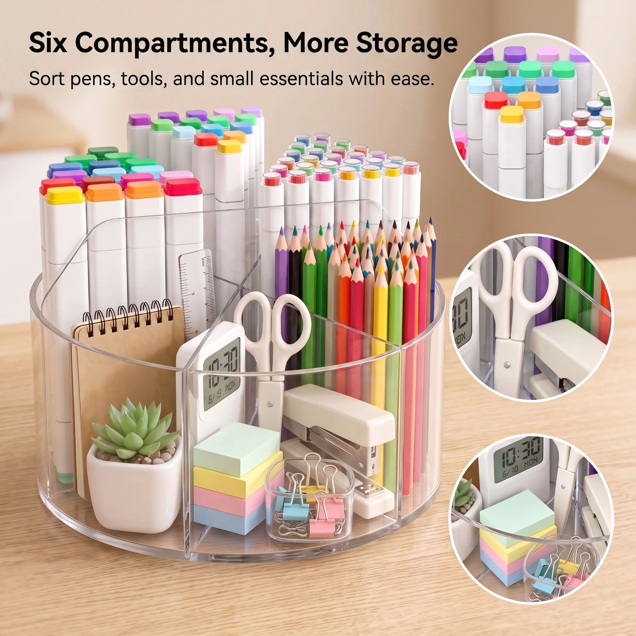 2pcs Clear Acrylic 360° Rotating Desk Organizer - Multi-Purpose Spinning Pen Holder & Makeup Carousel for Office Supplies, Vanity Table, Craft Studio, and Family Room Storage photo 1