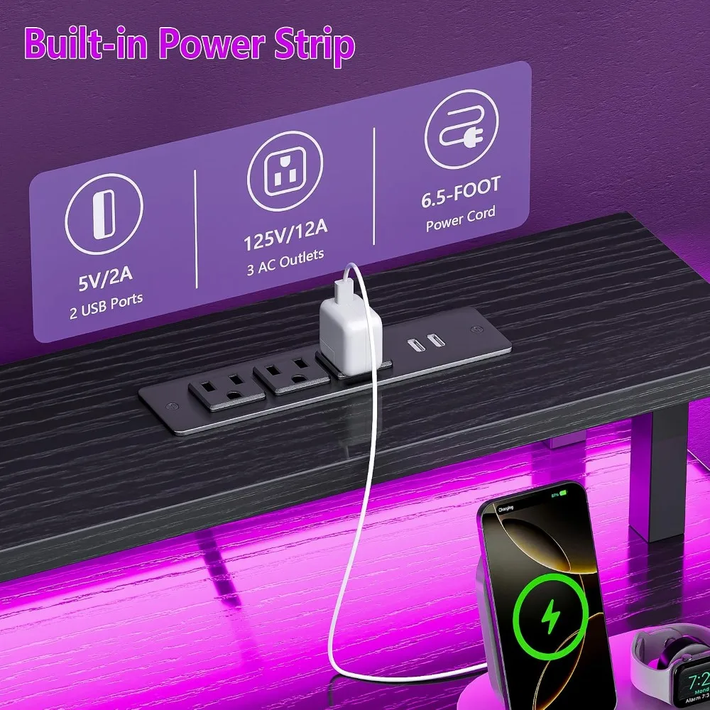 Gaming Desk 52 Inch with 4 Drawers, LED Lights, Power Outlet, Monitor Stand, Printer Space, Black photo 5