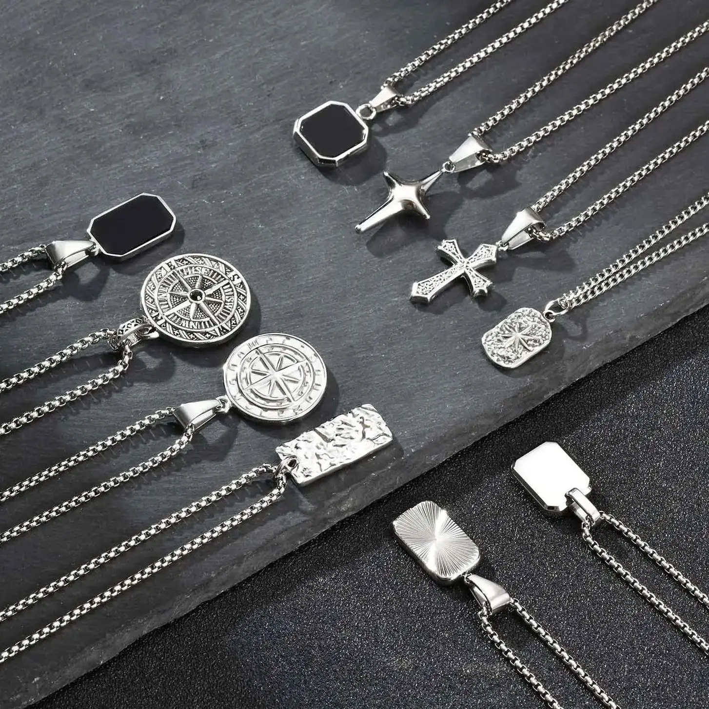 Men's Silver Color Geometric Pendant Necklace, Non Fading Stainless Steel Compass Necklace with Chain, Stylish Jewelry Gifts photo 1