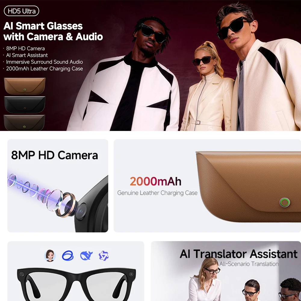 New HD5-ultra AI Smart Glasses AI Real-time Translation 800W Pixel Camera Photo Video Recording 300 Mah Smart Glasses 2026 photo 3