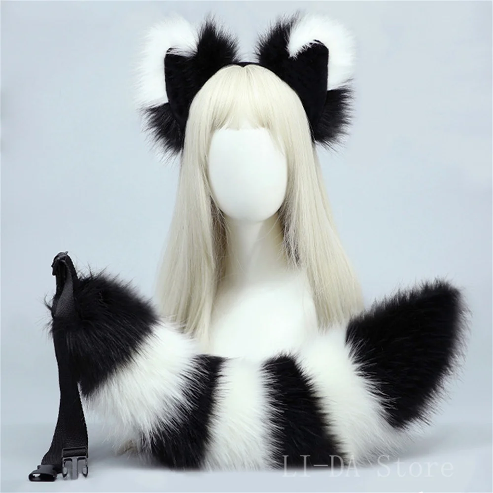 2Pcs/set Fluffy Animal Raccoon Cat Tail Faux Fur Plush Fox Ears Headband Cosplay Halloween Costume Accessories photo 3