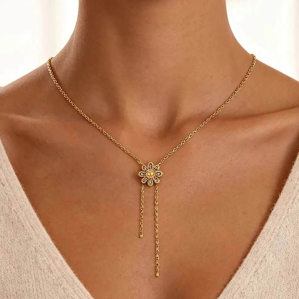 Luxury Zircon Daisy Flower Necklaces For Women Gold Color Stainless Steel Flower Y‑Drop Necklace Wedding Christmas Boho Jewelry photo 1