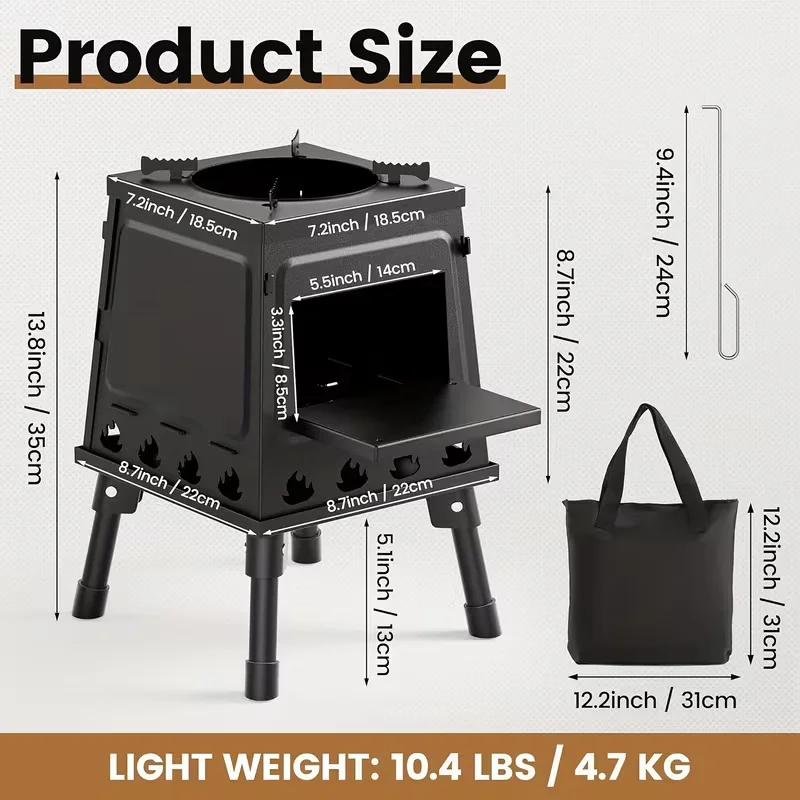 Wood Burning Camp Stove Portable Wood Stove For Outdoor Hiking Picnic BBQ Travel Black photo 7