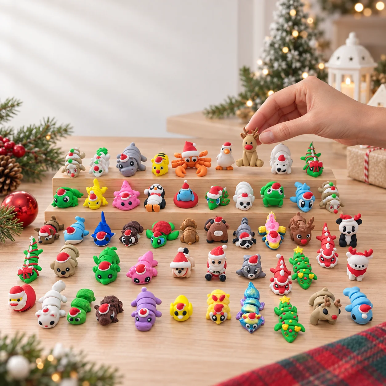 20/30/50Pcs 3D Printed Christmas Hat Animal Model Joint Movable Cartoon Figurine Ornament Sets Home Office Desktop Decoration photo 2