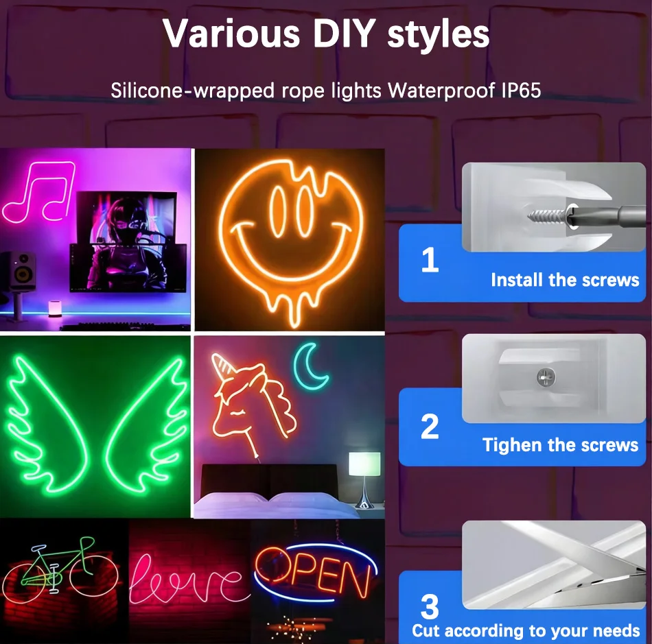 RGB LED Neon Rope Lights APP Control Music Sync IP65 Waterproof Flexible Multi Modes Remote for Indoor Outdoor Bedroom Living Room Gaming Room Party Decoration photo 7