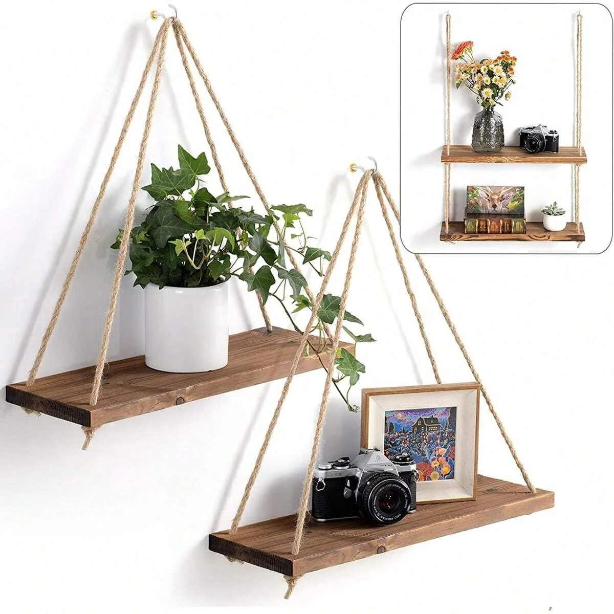 1PC Wooden Swing Hanging Hemp Rope Wall Shelve Mounted Floating Home Living Room Plant Flower Pot Tray Storage Garden Decoration photo 1