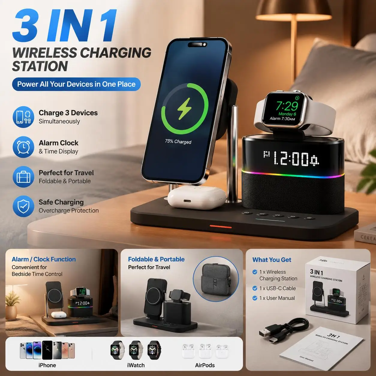 Magnetic Wireless Charging Station for Phones 12 13 14 15 16 17 and Smartwatch 8 7 6 5 Multi Device Charging Pad for Desk Home Office Travel Supports Fast 15W Phone Charging and 5W Wearables 360 Degree Stand photo 1