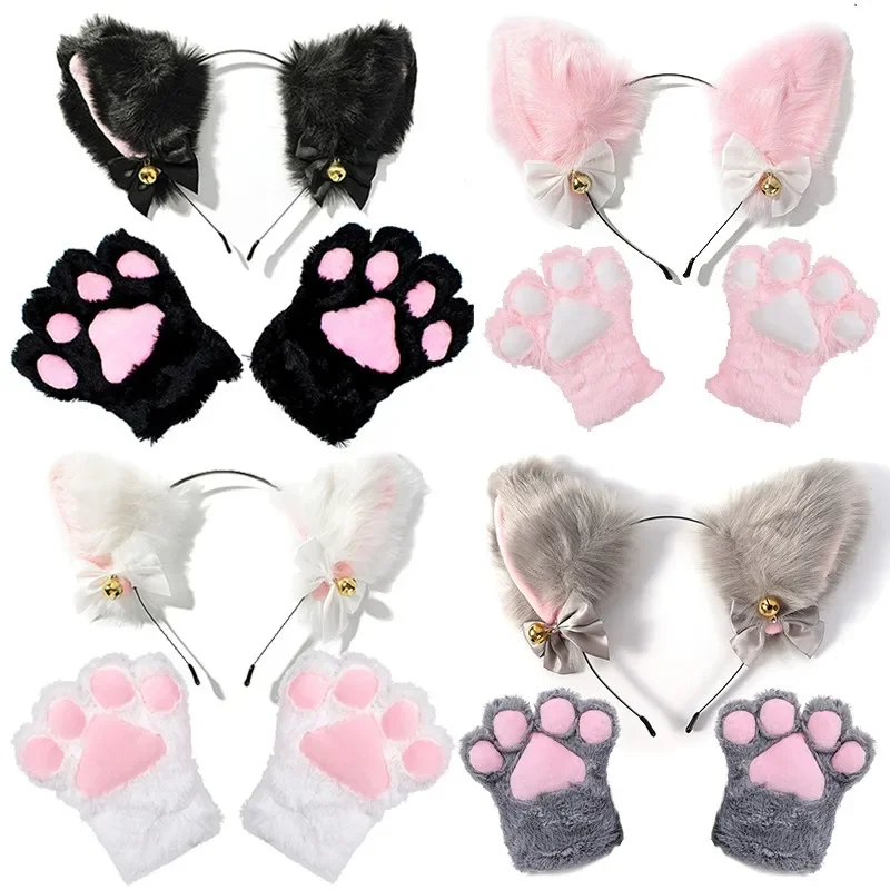 Cat Ear Bow Headband Necklace Cat Claw Gloves Cosplay Plush Bell Hairband Women Girl Masquerade Party Headwear Hair Accessories photo 3