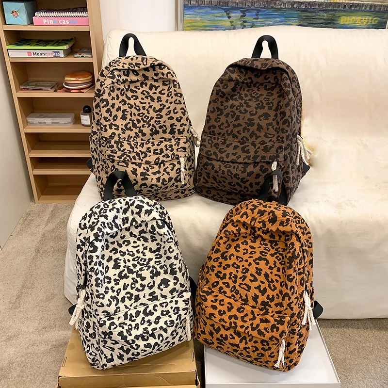 Leopard Print Pattern Backpack Corduroy Teenagers School Bag Large Capacity Casual Laptop Backpack Travel Bookbag Backpack photo 1