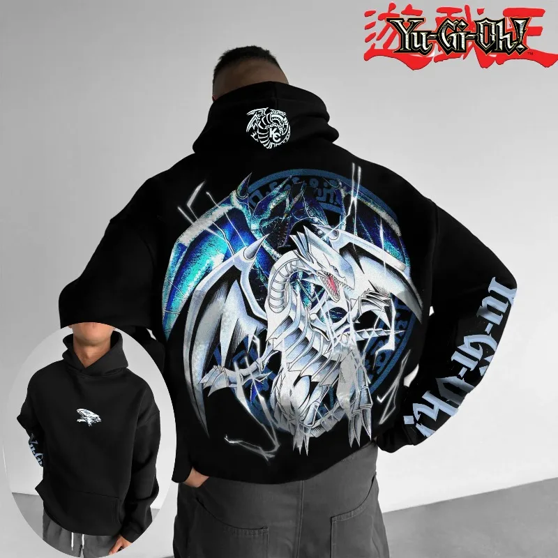 Classic Anime Yu Gi Oh Character Blue Eyed White Dragon Printed Male Autumn/Winter Thick and Wide Y2K Halloween COS Wide Hoodie photo 1