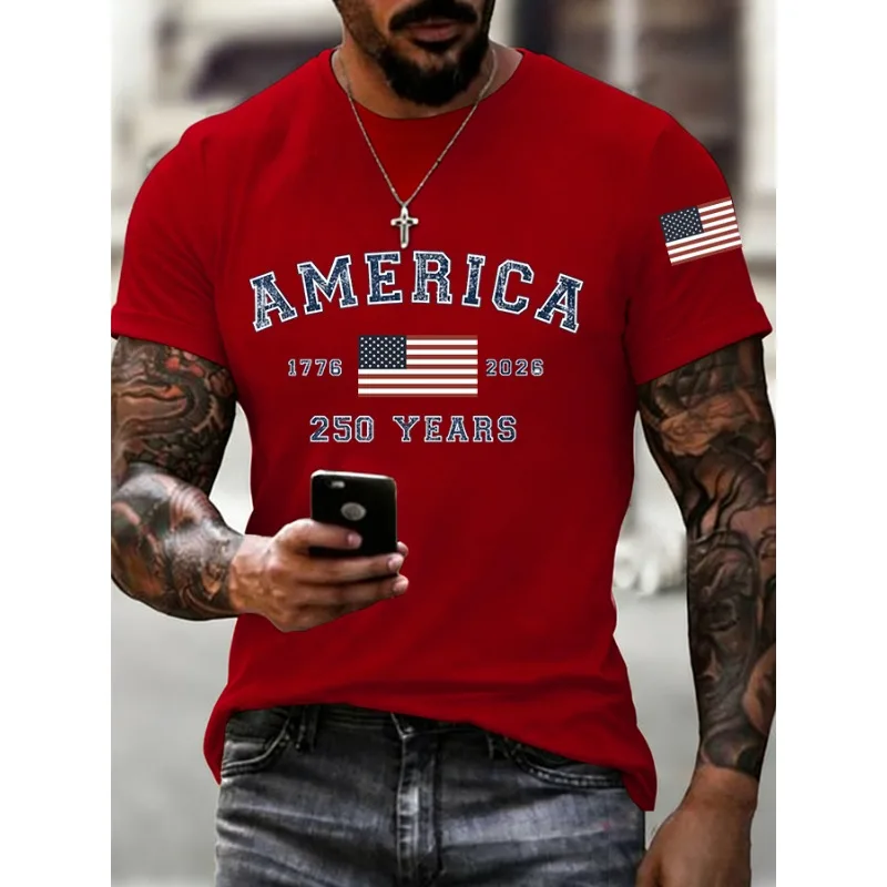 ilstile Men's America 250 Years Print T-Shirts Summer Short Sleeve Casual T Shirt Round Neck Tops Black White Tees Hot Sale photo 4