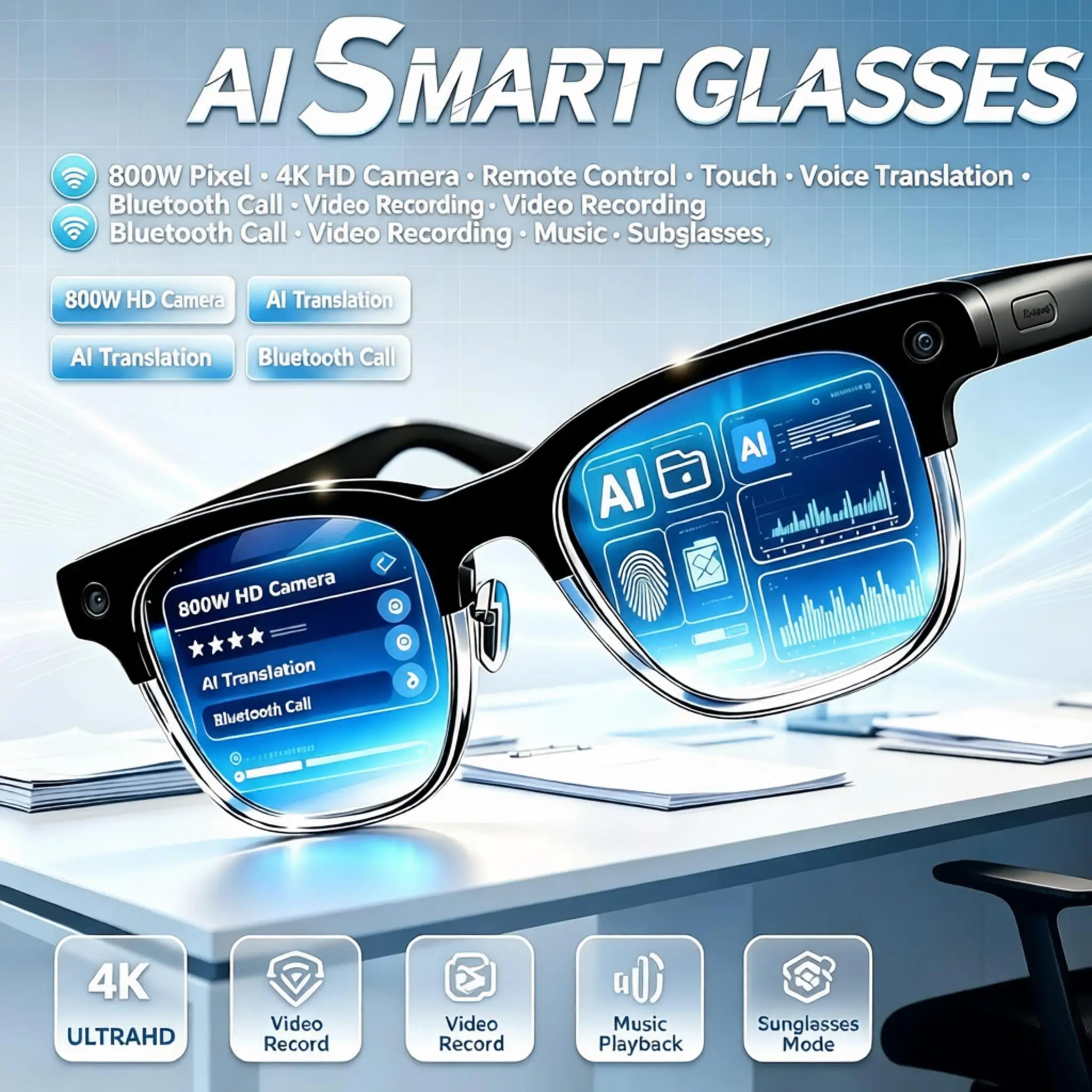 AI Smart Glasses 800W Pixel 4K HD Camera Remote Control Touch Voice Translation Bluetooth Call Video Recording Music Sunglasses photo 1