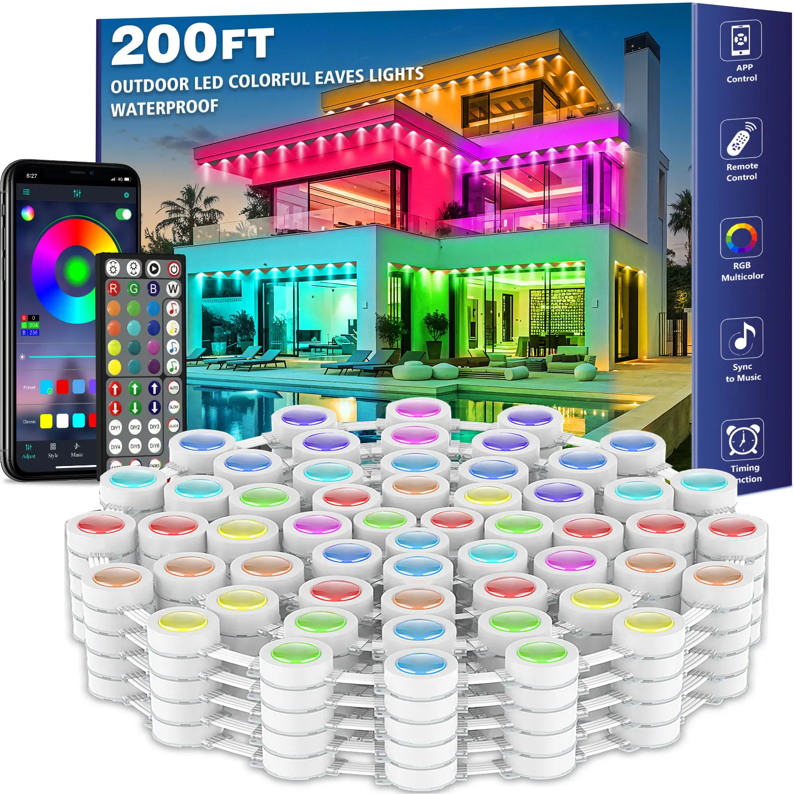 60M & 200FT Permanent Outdoor LED Eaves Lights RGB Waterproof Smart String Lights App Remote Control Color Changing Lamp for House Roof Garden Christmas Holiday Party Daily Accent Lighting photo 1