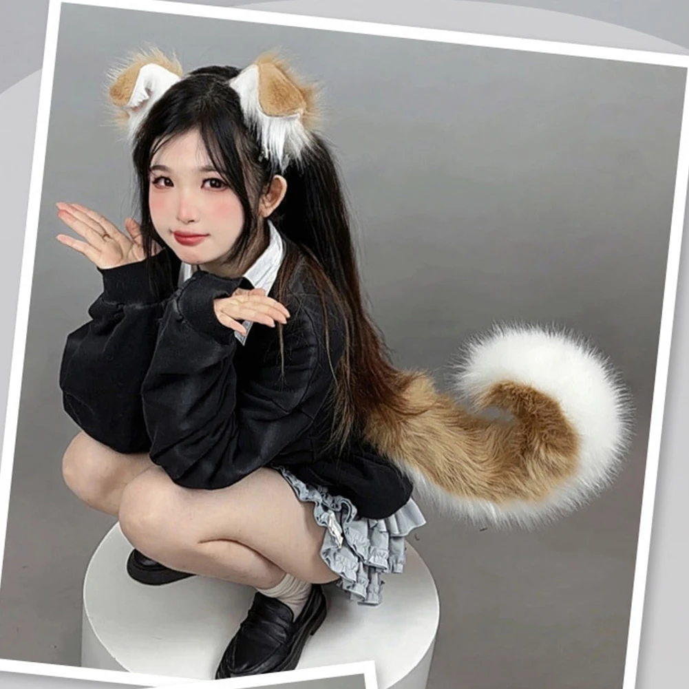 Halloween Dog Ear Tail Set  Cosplay Accessories Costume Plush Realistic Animal Ears Tail for Anime Party Cute Pet Role Play photo 1