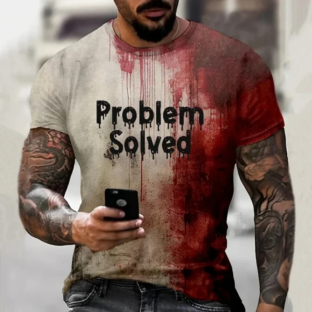 Men's T Shirts Problem Solved Bloody Print Tees Fashion Horrible Halloween Short Sleeve Casual Round Neck Oversized T-shirt Tops photo 1