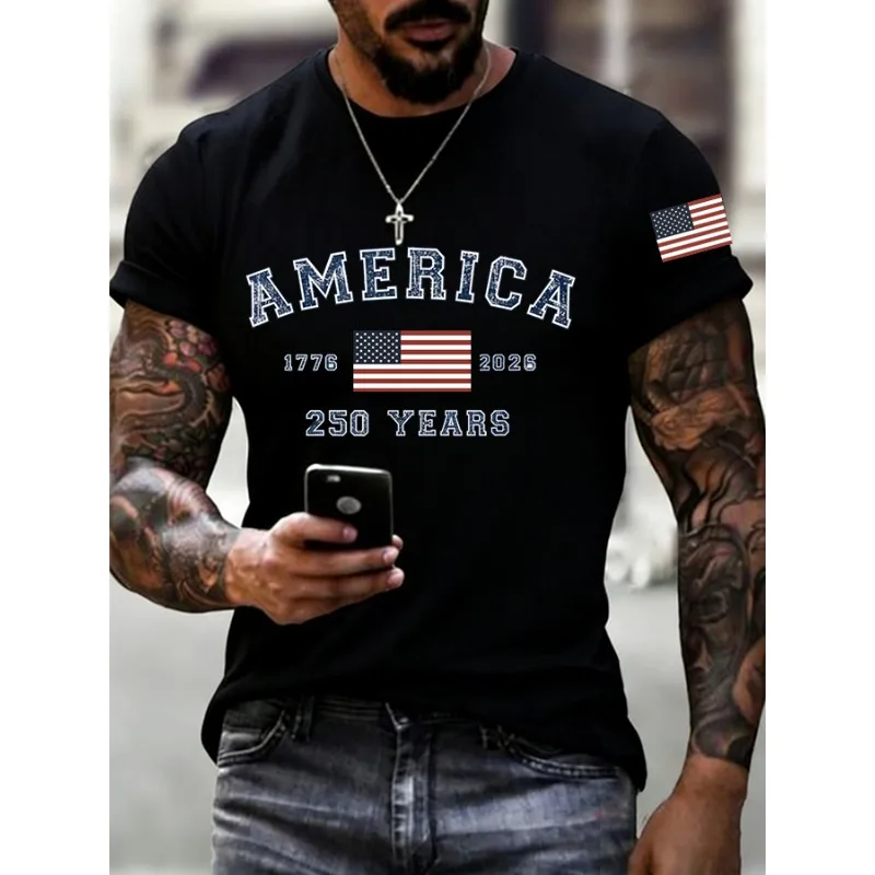 ilstile Men's America 250 Years Print T-Shirts Summer Short Sleeve Casual T Shirt Round Neck Tops Black White Tees Hot Sale photo 2