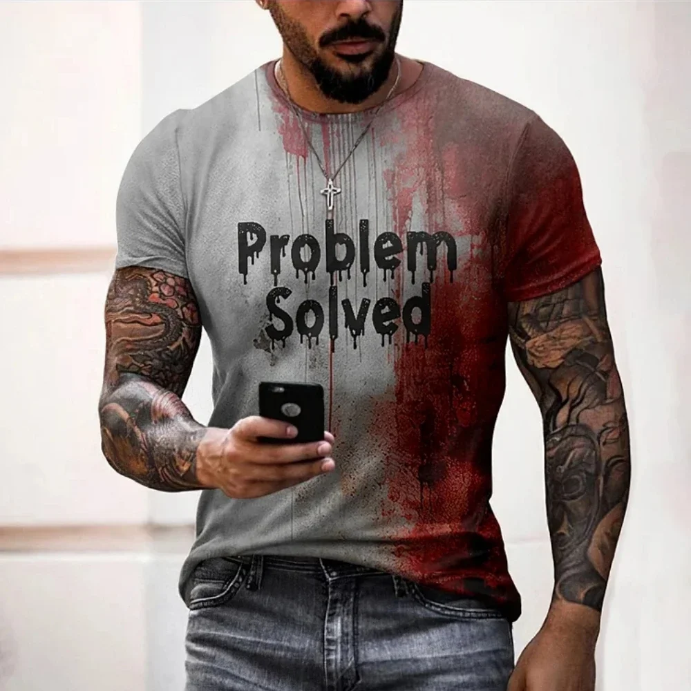 Men's T Shirts Problem Solved Bloody Print Tees Fashion Horrible Halloween Short Sleeve Casual Round Neck Oversized T-shirt Tops photo 4