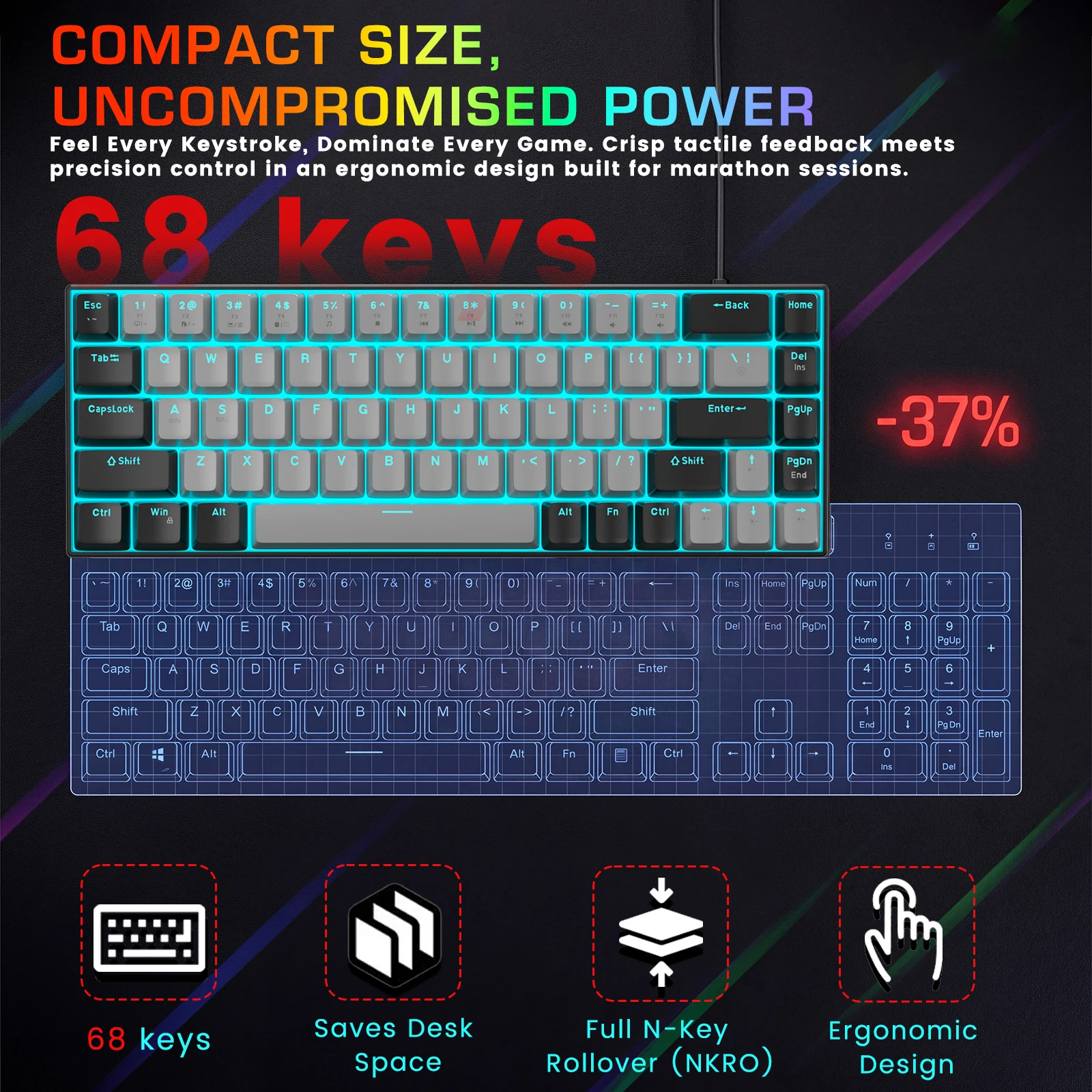 FocusOnPC MK-BOX Portable 60% Mechanical Gaming Keyboard, 68 Keys Compact Wired Keyboard with LED Backlight for Gaming & Office, Compatible with PC, Laptop & Mac, Free Random Mouse Pad Included photo 5