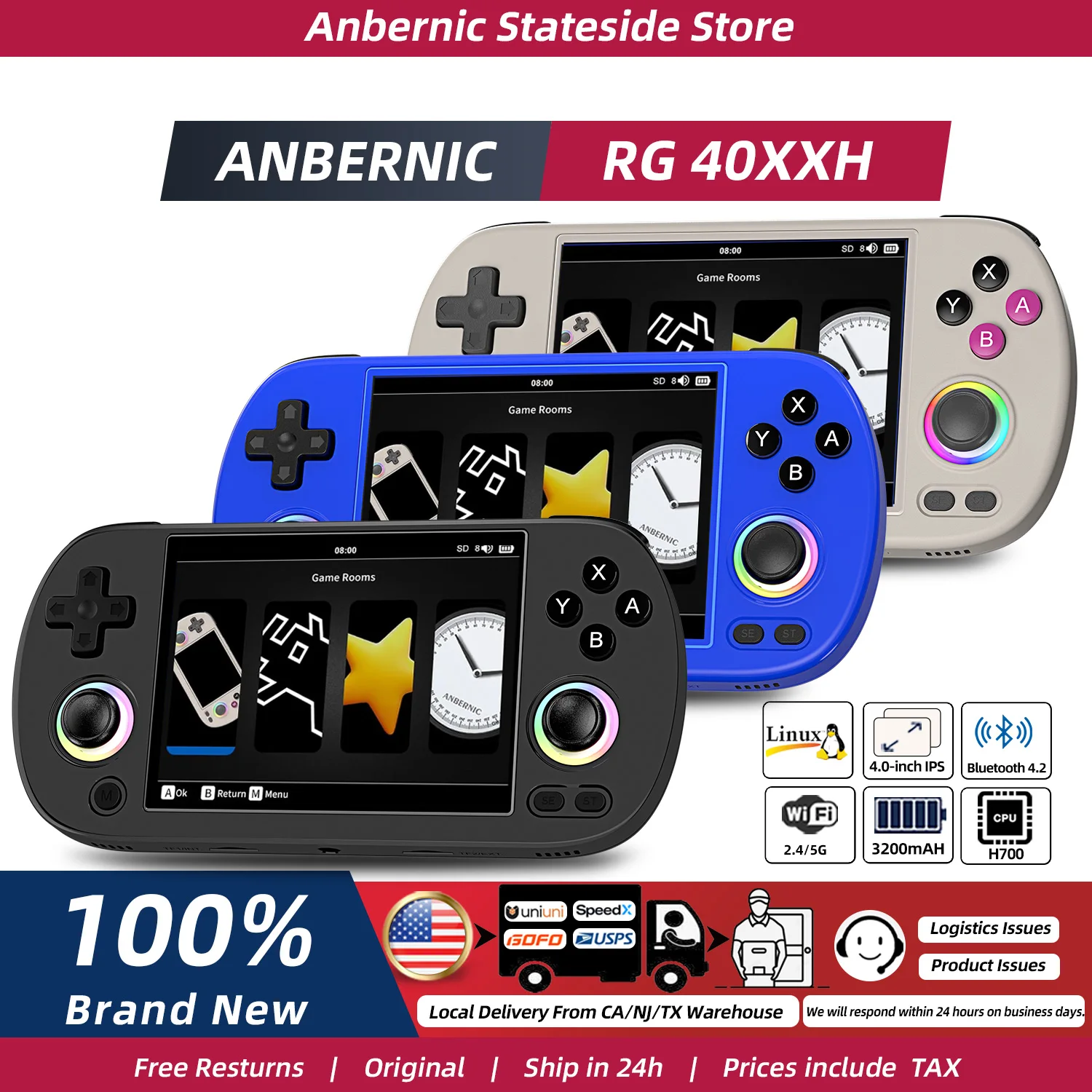 ANBERNIC RG40XX H Handheld Game Console 4'' Screen Linux System Joystick RGB Lighting Effect RG40XXH Video Player Trimui Console photo 1