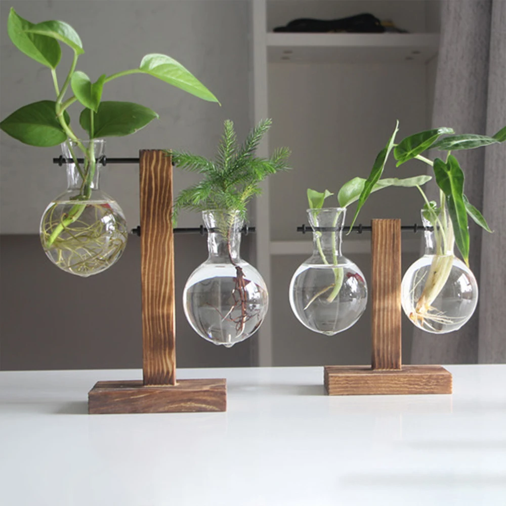 Creative Glass Desktop Planter Bulb Vase Wooden Stand Hydroponic Plant Container Home Tabletop Decor Vases photo 1