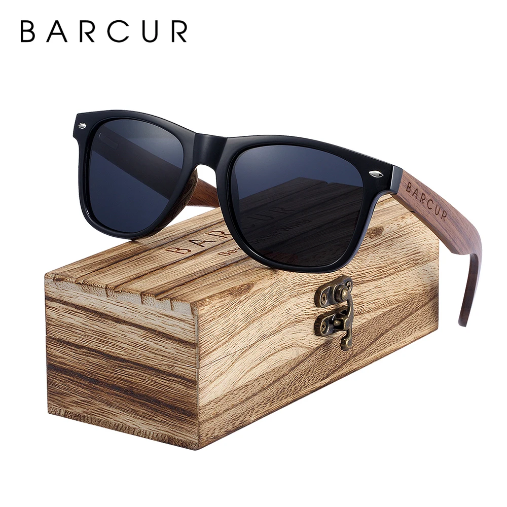 BARCUR Black Walnut Wood Sunglasses for Man Polarized High Quality Sqare Sun Glasses Men UV400 Eyewear Accessory Original Box photo 2
