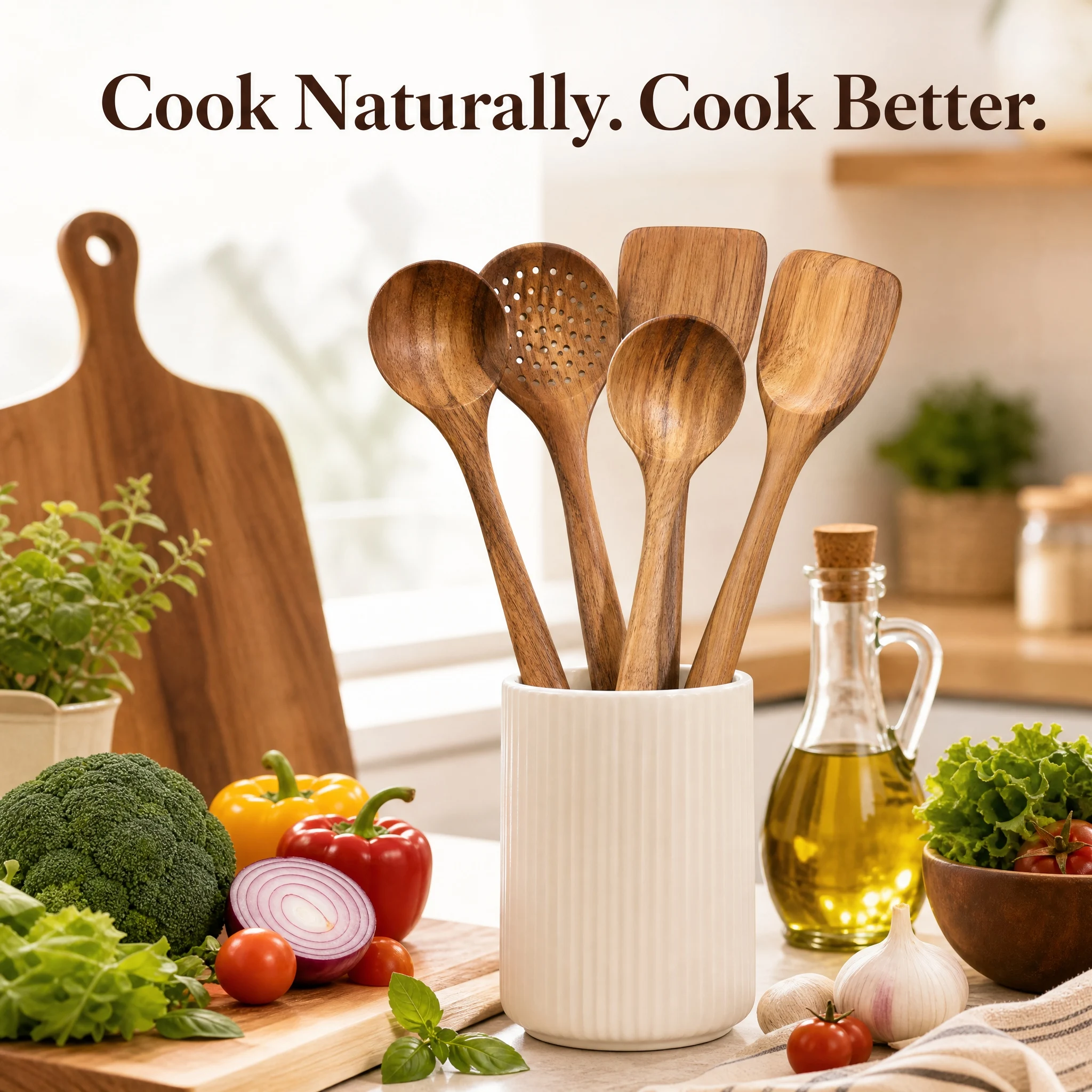 5pcs Wooden Utensil Set with Hanging Holes, Food Grade Spoons and Spatula 24-33.7cm, Non-Toxic Smooth Kitchen Tools for Cooking photo 1
