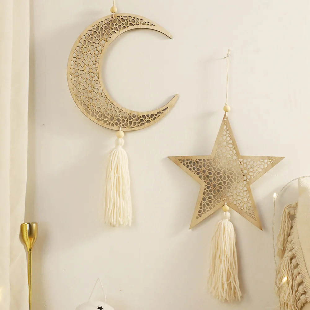 Ramadan Wooden Hanging Ornaments Moon and Star Hollow Mesh Wall Decor Islamic Eid Mubarak Muslim Decor，Ramadan Kareem Gift photo 3