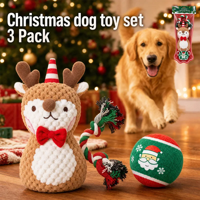 Christmas Dog Toy Set Squeaky Rope Chew Toys for Puppy Pet Teeth Cleaning Play Balls Holiday Gift for Small Medium Large Dogs photo 1