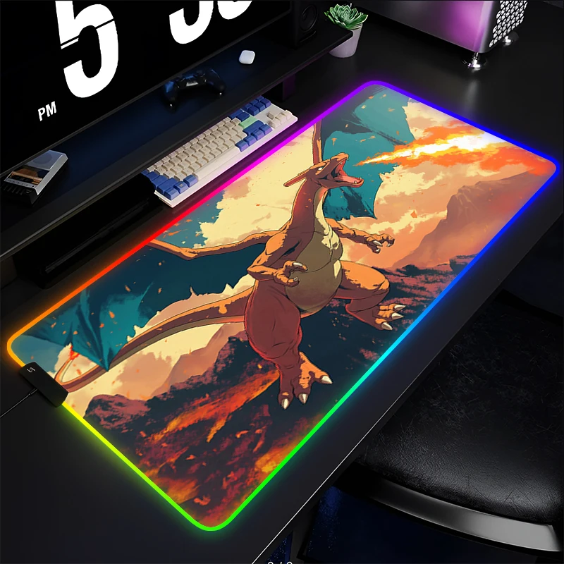 LED Mouse Pad Gamers Decoracion Gamer Desk Mat Exquisite RGB Mousepad Rubber P-Pokemon Charizard Gaming Backlight Keyboard Mat photo 4