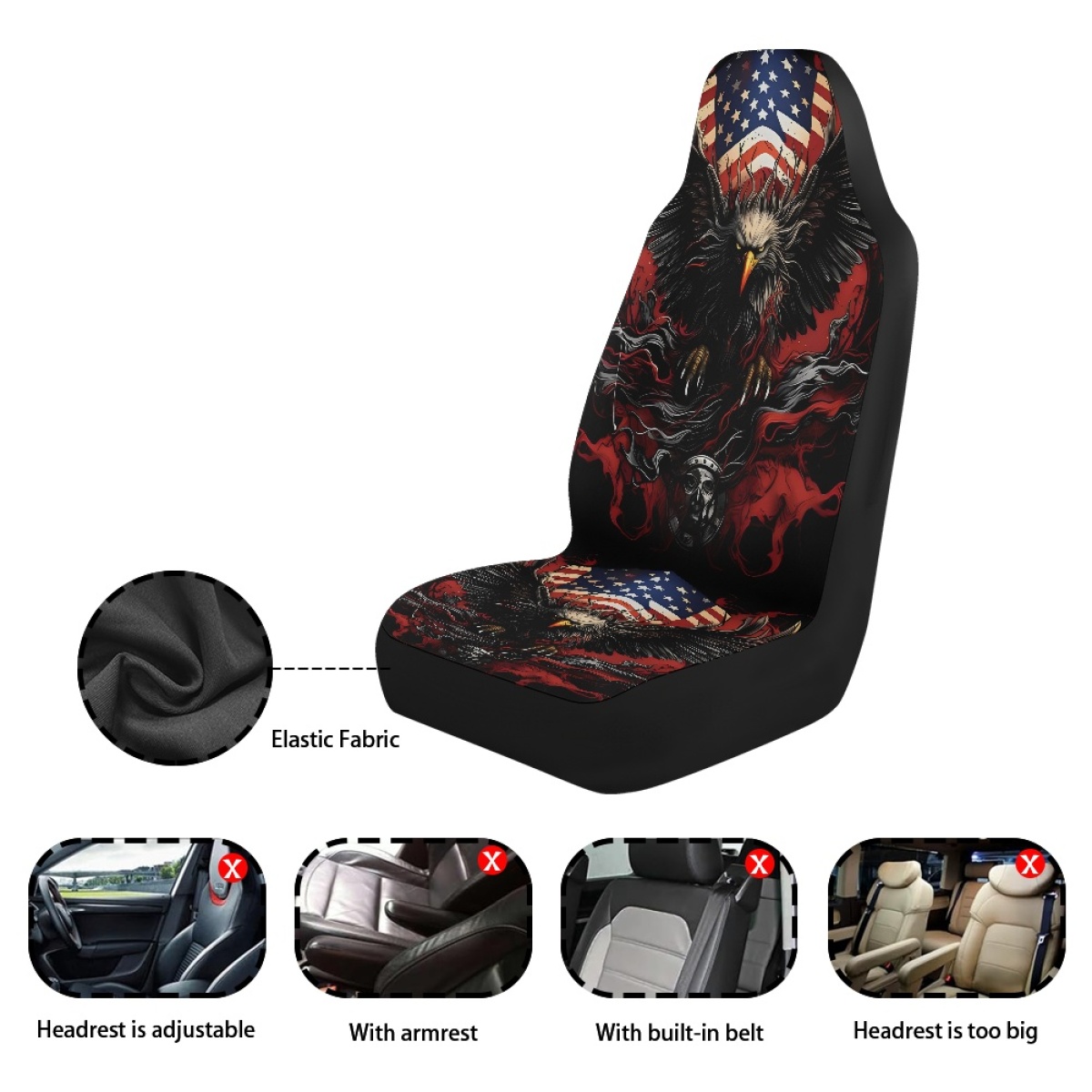 2 Front Car Seat Covers, Digitally Printed With An Eagle Pattern, Thin, Suitable For All Seasons, Fashionable Car Seat Covers photo 3