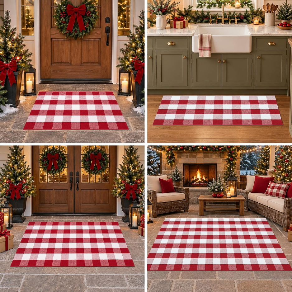 Christmas Red And White Plaid Door Mat, 28 X 43 Inches Cotton Hand-Woven Layered Entry Mat For Front Porch, Entryway, Outdoor Holiday Decor, Washable photo 3