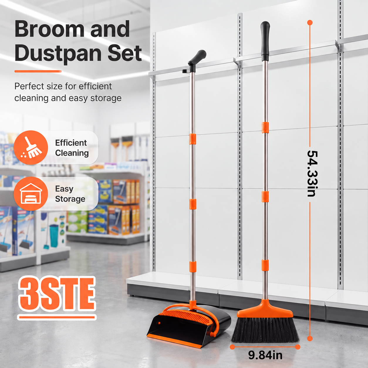 Broom And Dustpan Set, 54.33 Inches Long Handle, Upright Dustpan With Lightweight Stainless Steel Rod, Upright Dustpan, Suitable For Various Scenarios Such As Kitchen, Office And Cleaning Pet Dog Hair photo 1
