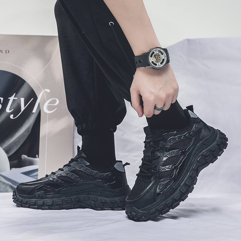 Men Black Safety Work Sneakers, Breathable Anti-slip Tire Sole Height Boost Trendy Dad Shoes photo 5