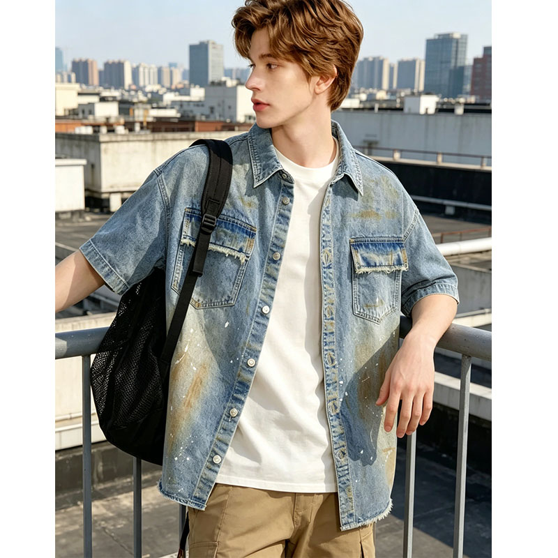 Oversized Denim Shirt Men Vintage Distressed Short Sleeve Streetwear Jean Top Ready To Ship From US photo 5
