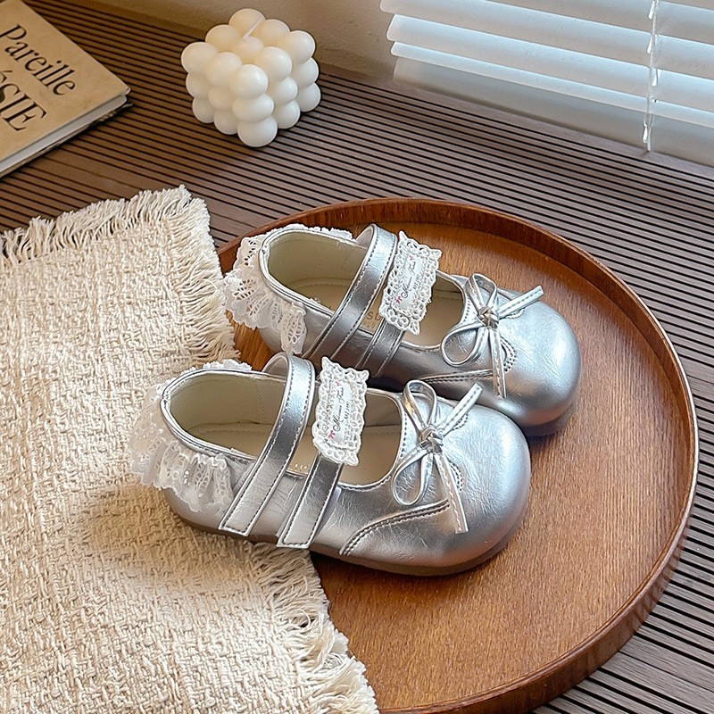 2026 Summer New Girls Mary Jane Shoes, Lace Trim Bow Decor Soft Sole Non-slip Kids Leather Fashion Flats photo 2
