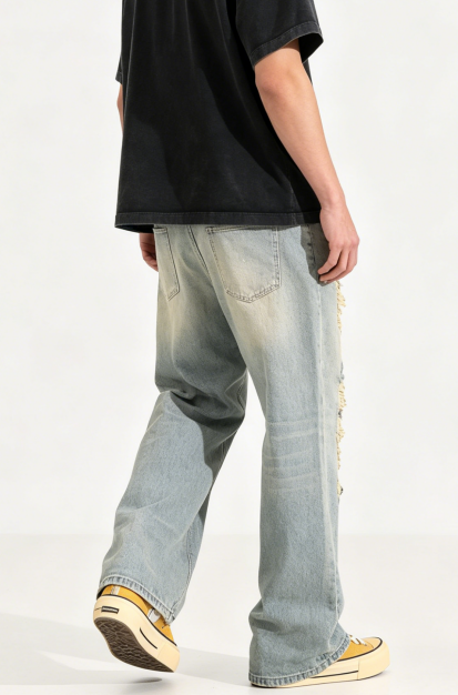 Heavy Ripped Jeans Men Light Wash Baggy Wide Leg Denim Pants Vintage Streetwear Ships From USA photo 4