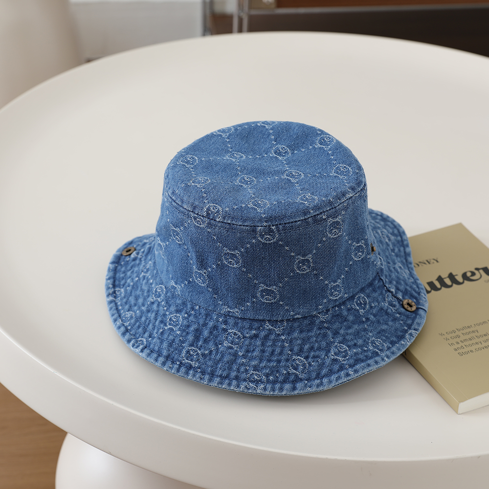 Washed Denim Jacquard Little Bear Fisherman Hat With Wide Brim And Rolled Edge Bucket Hat For Big Children's Outdoor Play And Leisure photo 3