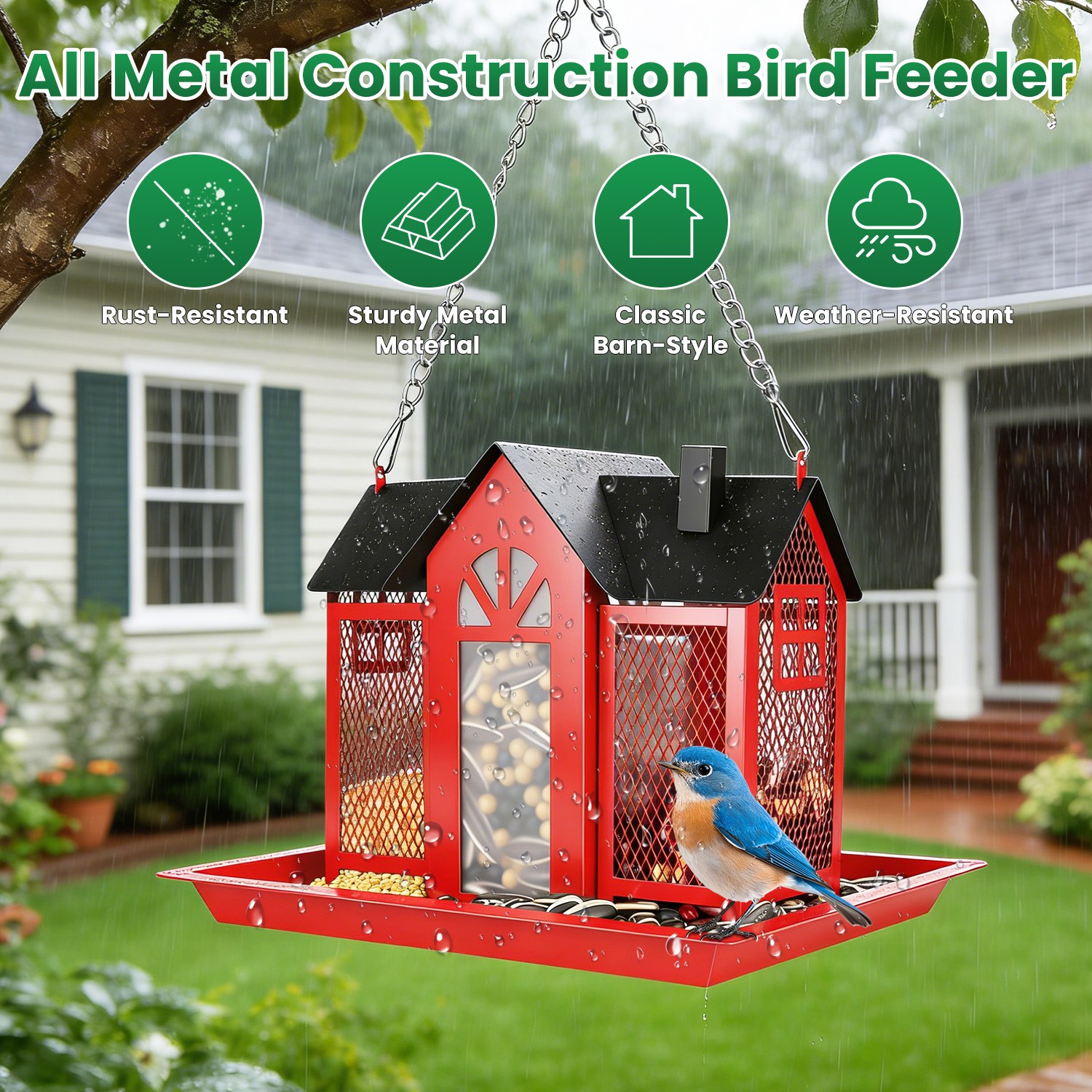1Pc  Metal Hanging Bird Feeder House Classic Barn Bird Feeder House Iron Hanging Outdoor Feeder With Visible Window And Lift Top Lid 15.75in Hanging Length Wild Birds Garden Yard photo 3
