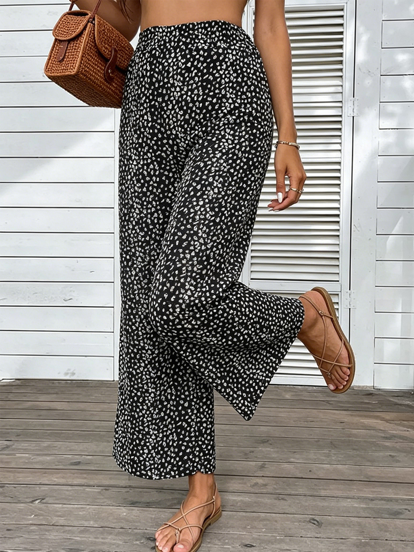 Women Elastic High Waist Wide Leg Pants, Ditsy Leopard Print Loose Casual Vacation Lounge Trousers photo 5