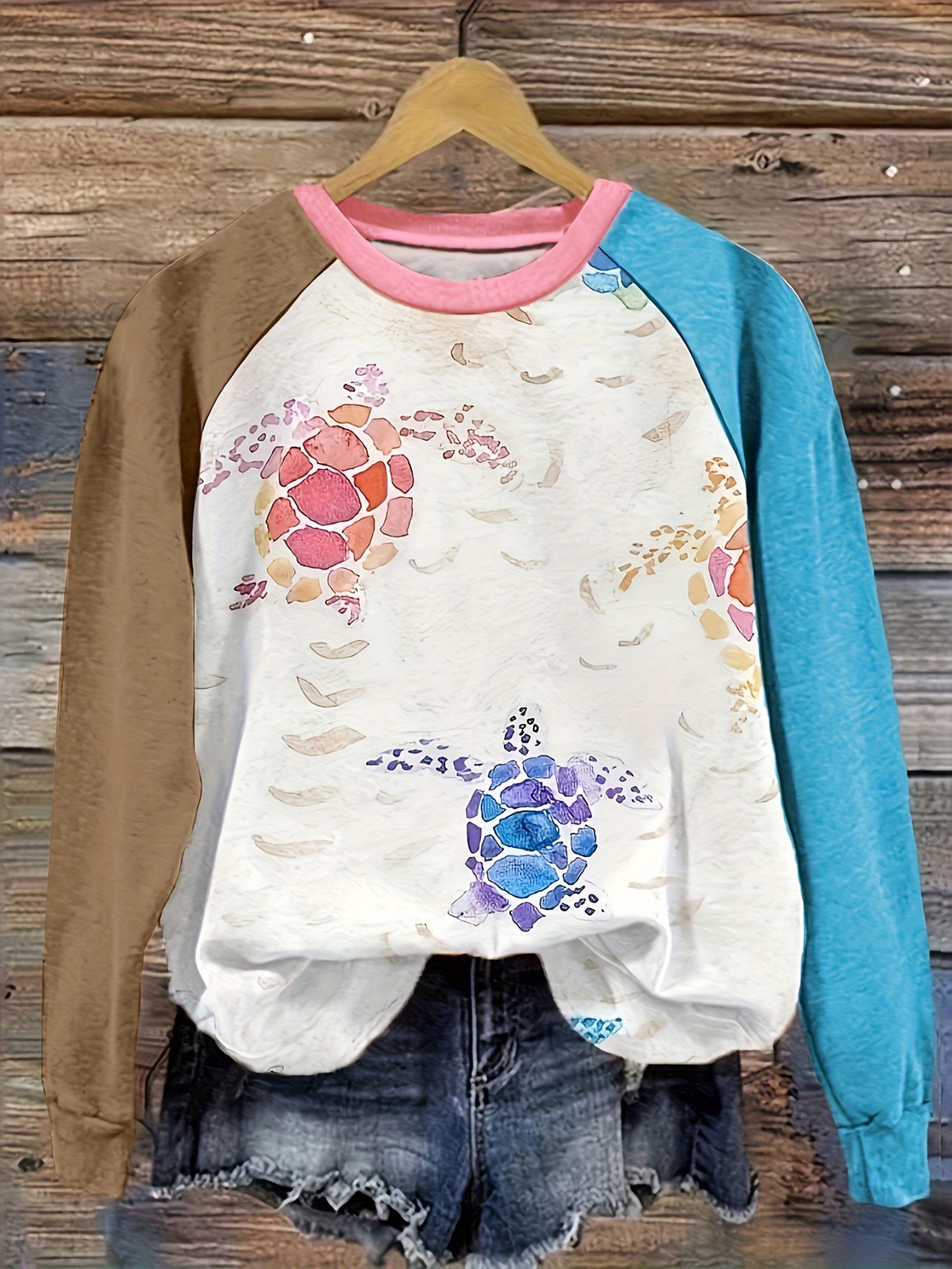 Women's Sea Turtle Print Raglan Sweatshirt Long Sleeve Casual Pullover Top photo 2
