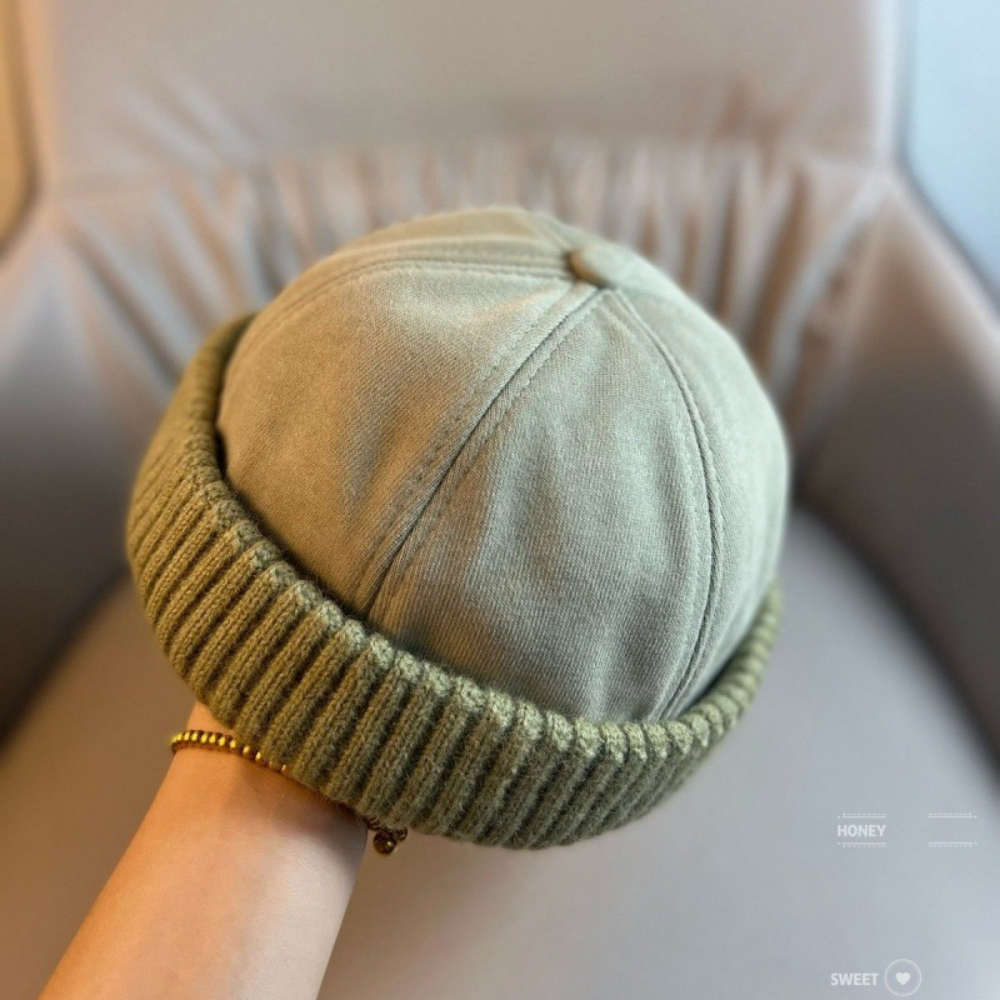 Patchwork Knitted Rolled-edge Vegetable-pulp Hat For Autumn And Winter, Made Of Cotton, With A Retro And Simple Design, Suitable For Workwear, Without A Brim, For A Lord-like Look photo 2