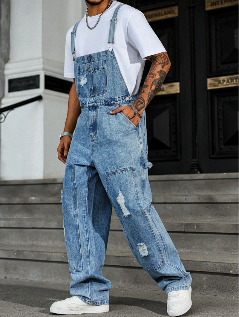 Distressed Light Blue Denim Overalls Men Ripped Loose Fit Vintage Streetwear Bib Overalls US Stock photo 1